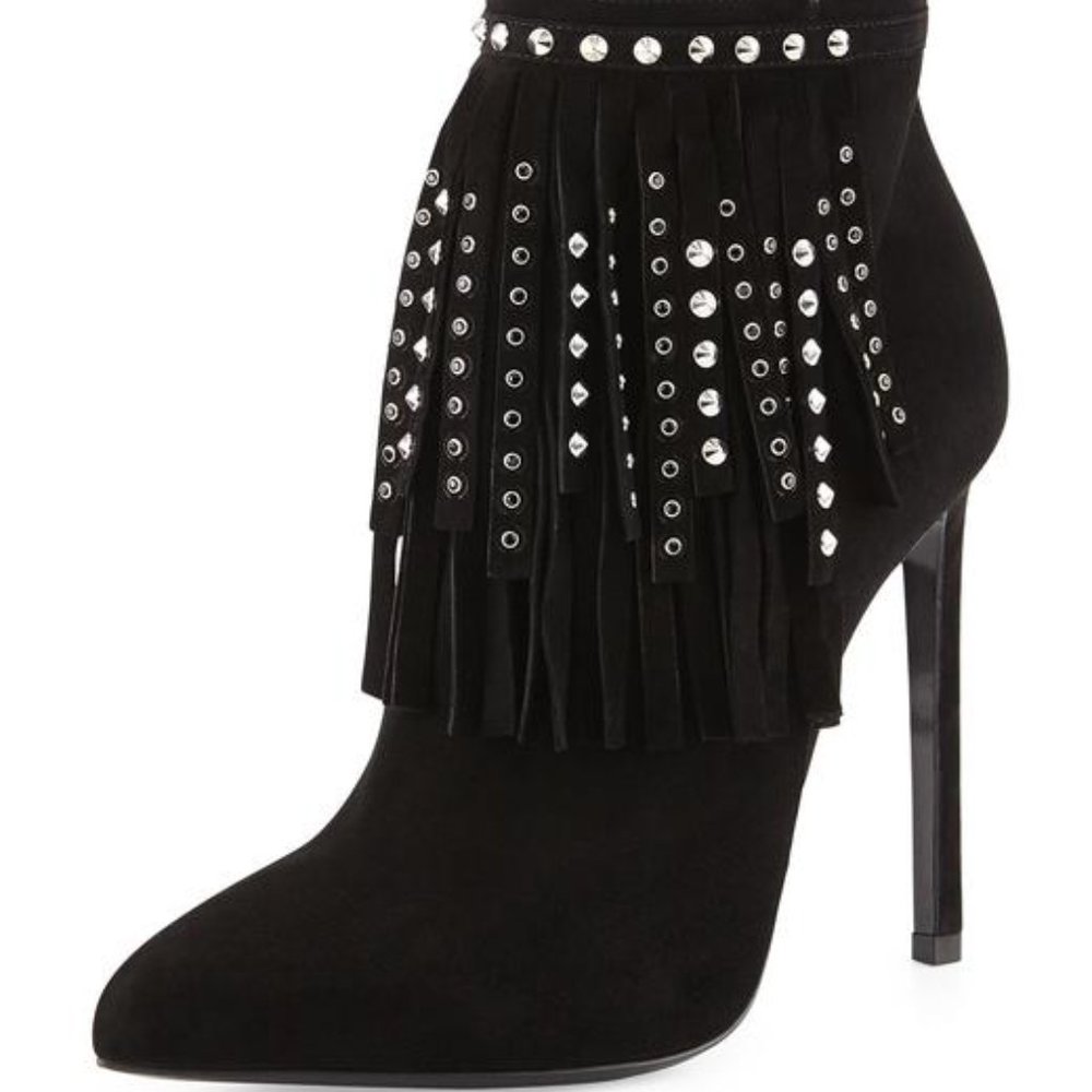 Saint Laurent Black Suede Studded-fringe Bootie - Picture 3 of 15